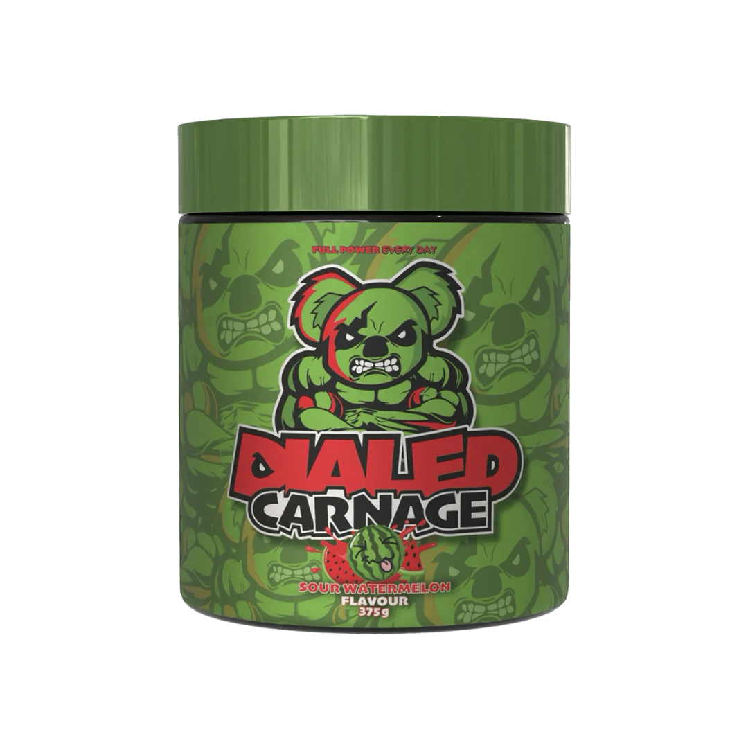 Dialed Carnage V2 high-stimulant pre-workout tub for explosive energy, intense focus, and powerful muscle pumps – Available in Australia with fast delivery.
