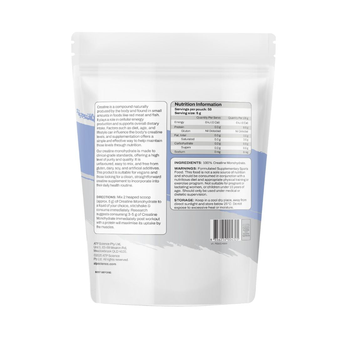 High-purity ATP Science NOWAY! Creatine Monohydrate pouch for energy and performance support – product image for Nutrition Capital.