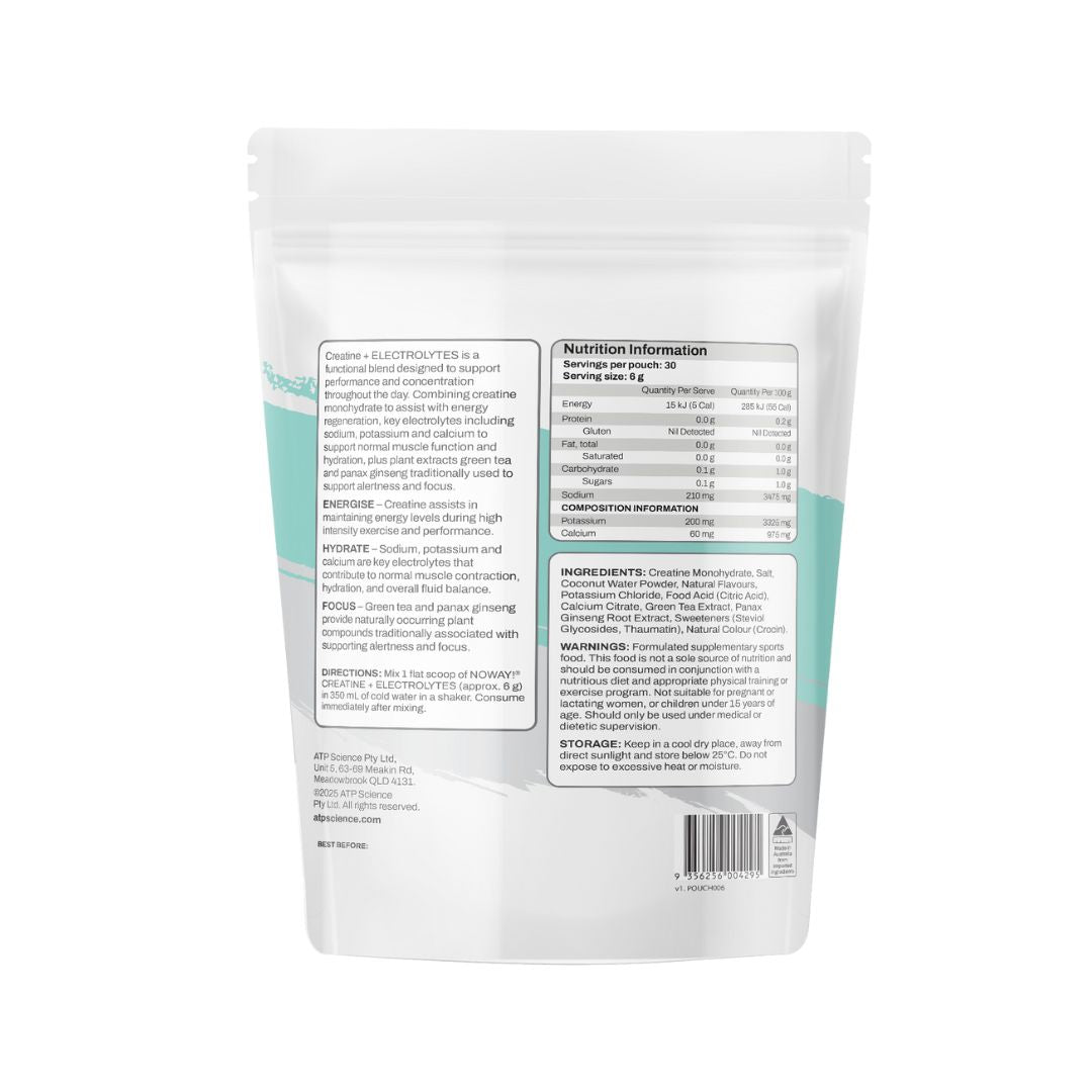 High-purity creatine monohydrate supplement with electrolytes in citrus flavour pouch from NOWAY! displayed on white background for sports performance.