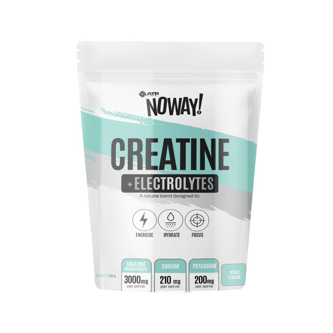 High-purity creatine monohydrate supplement with electrolytes in citrus flavour pouch from NOWAY! displayed on white background for sports performance.