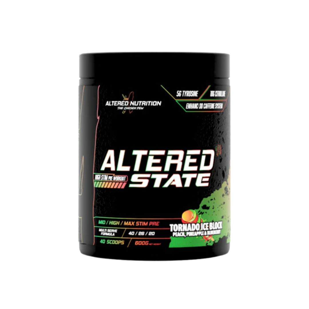ALTERED STATE V3 pre-workout powder tub with customisable stimulant levels, citrulline, beta-alanine and Alpha-GPC formula