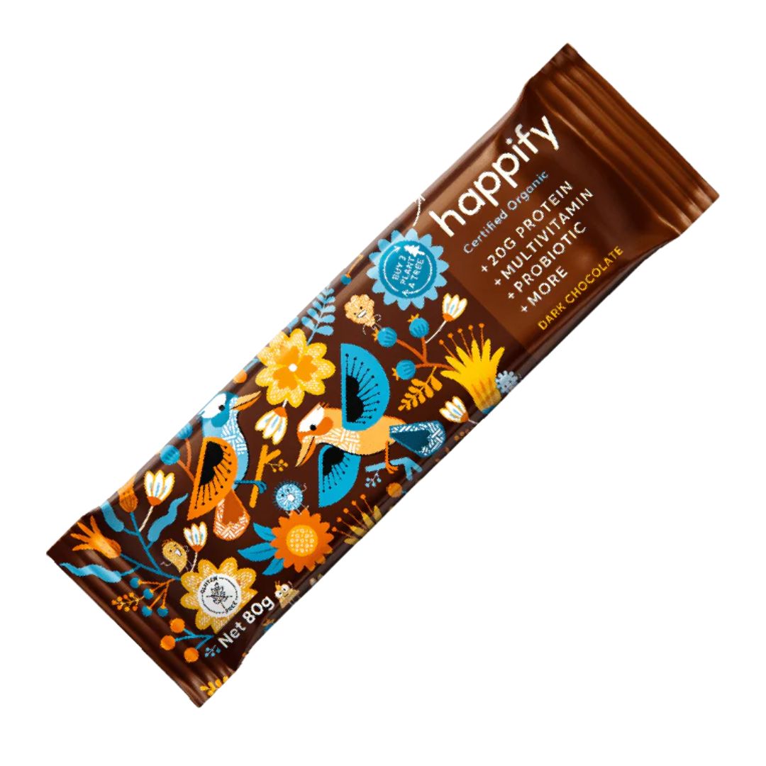 Happify Organic Protein Bar with 20g plant-based protein, certified organic ingredients, prebiotics and probiotics available at Nutrition Capital.