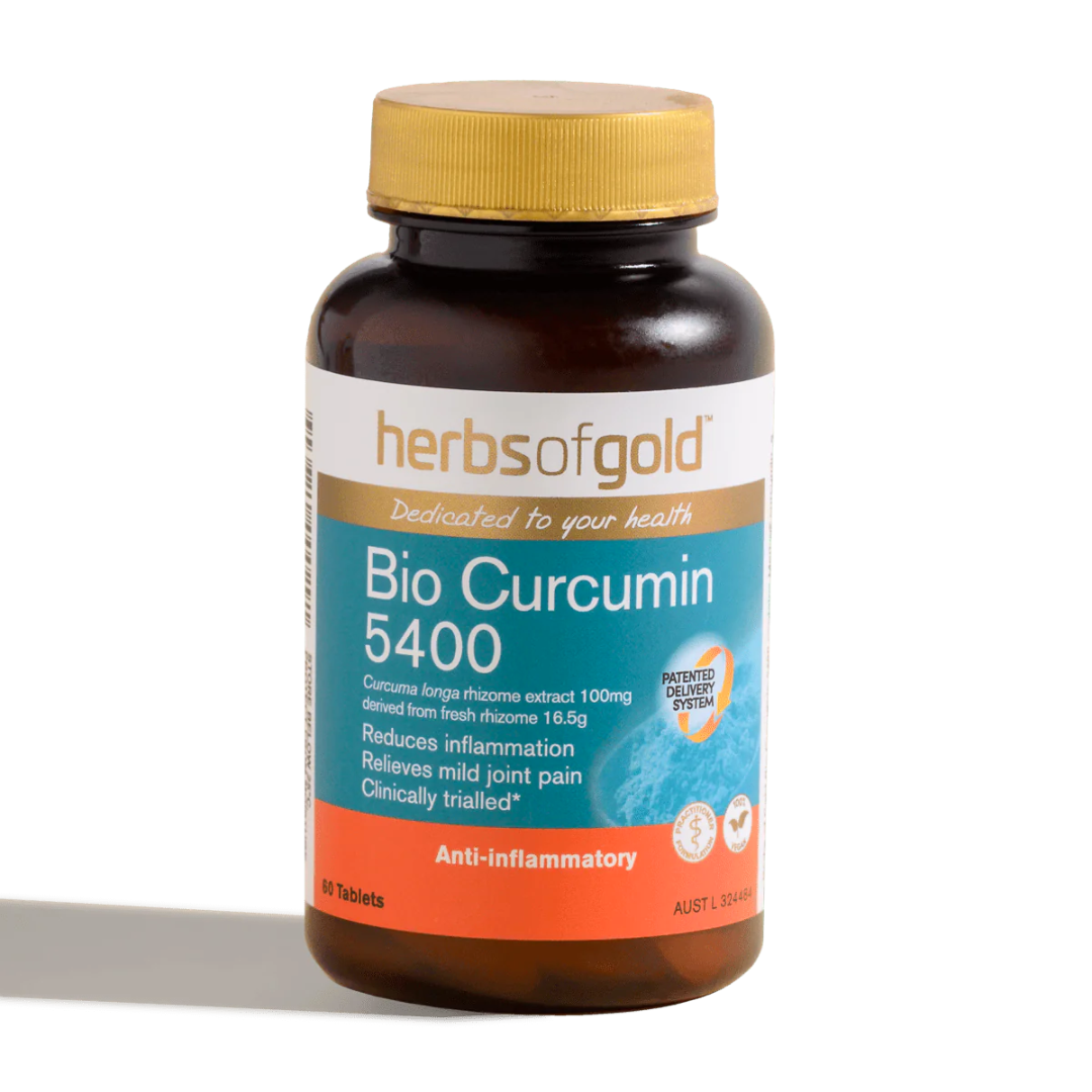 Herbs of Gold Bio Curcumin 5400 bottle – Meriva® curcumin supplement for joint health, inflammation support, and antioxidant protection – Fast Australia delivery.