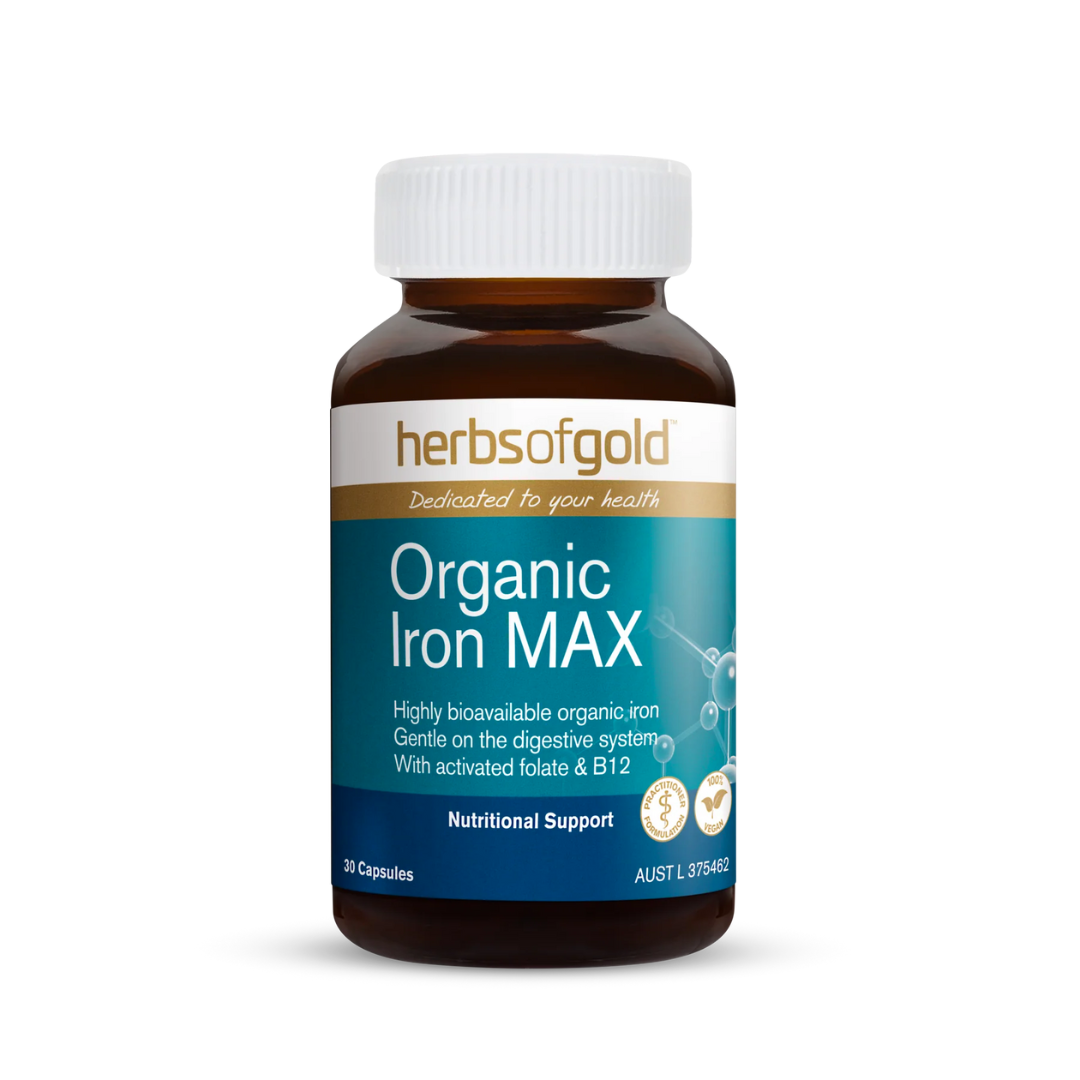 Herbs of Gold Organic Iron MAX bottle – 30 capsules of gentle, bioavailable iron supplement with activated B vitamins and vitamin C – Available in Australia with fast delivery