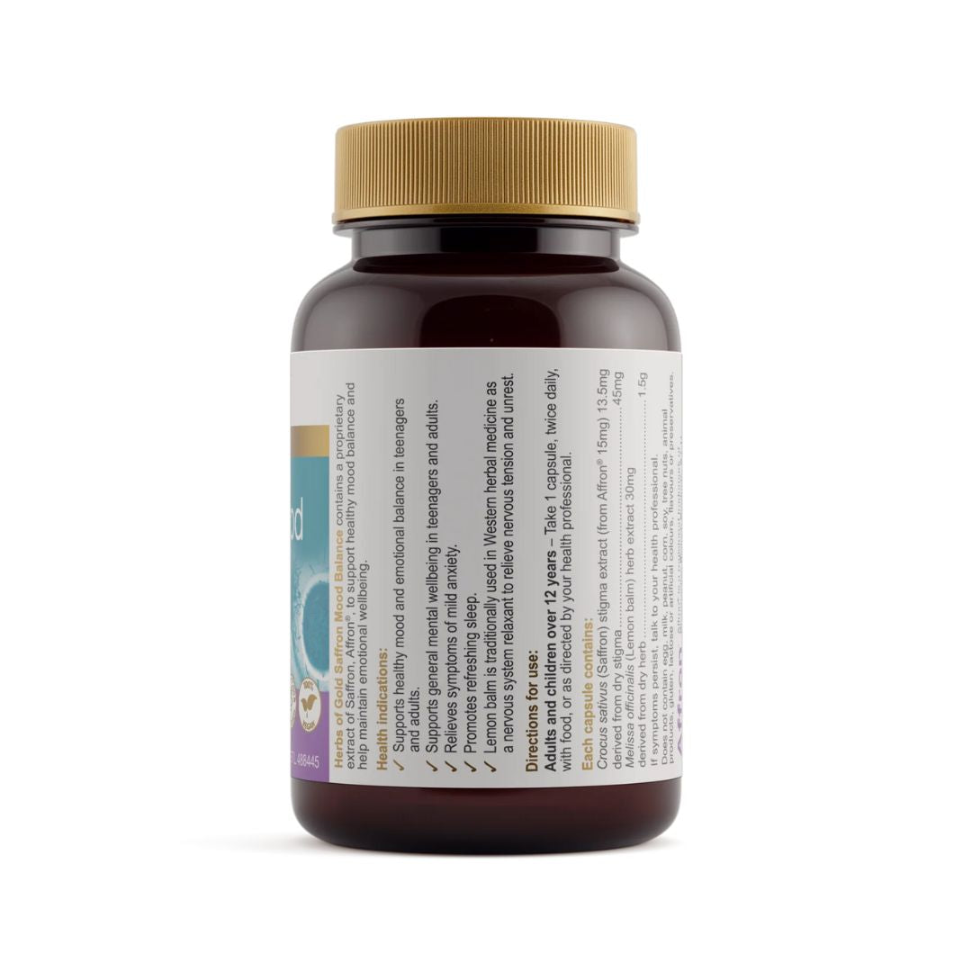 Herbs of Gold Saffron Mood Balance bottle featuring Affron® Saffron and Lemon balm for natural healthy mood support – Nutrition Capital