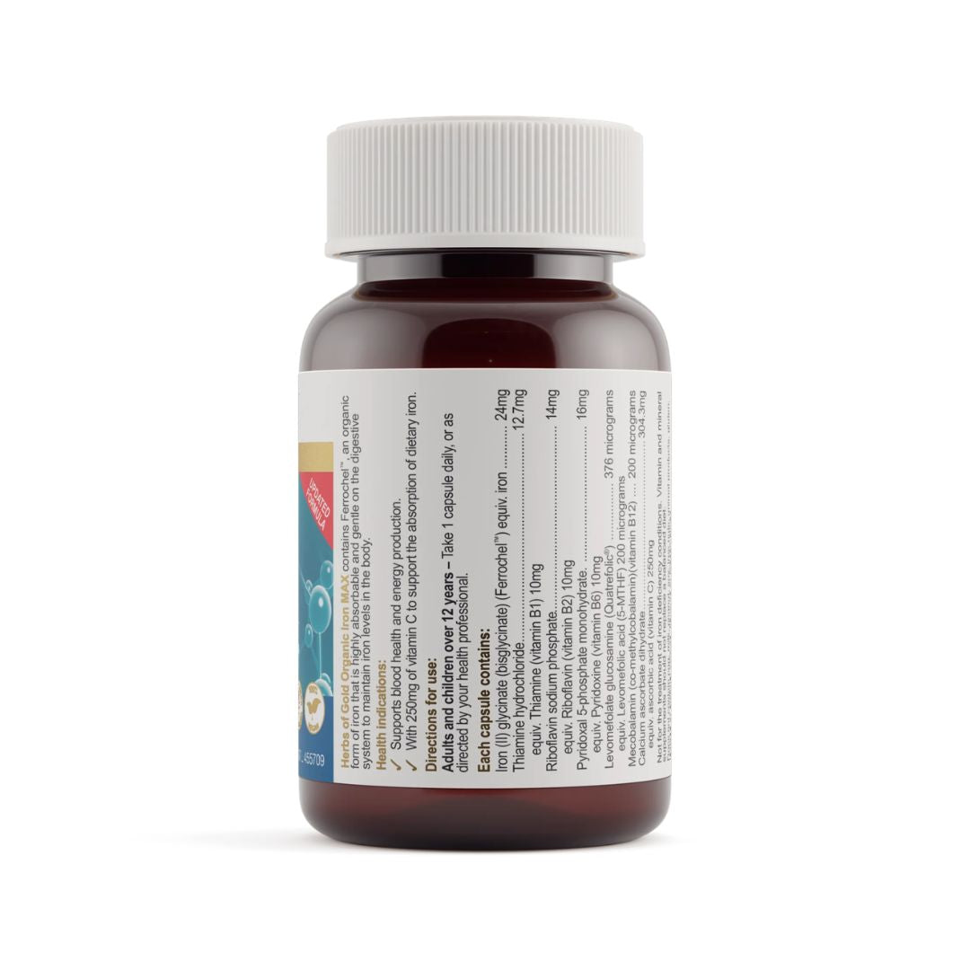 Herbs of Gold Organic Iron MAX bottle – 30 capsules of gentle, bioavailable iron supplement with activated B vitamins and vitamin C – Available in Australia with fast delivery