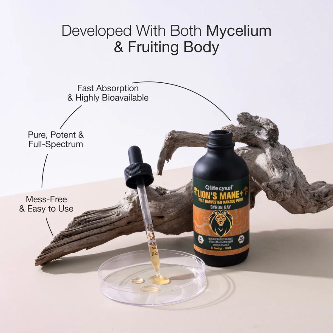 Lion’s Mane mushroom liquid extract bottle from Lifecykel displayed for mental clarity and focus support – premium supplement at Nutrition Capital.