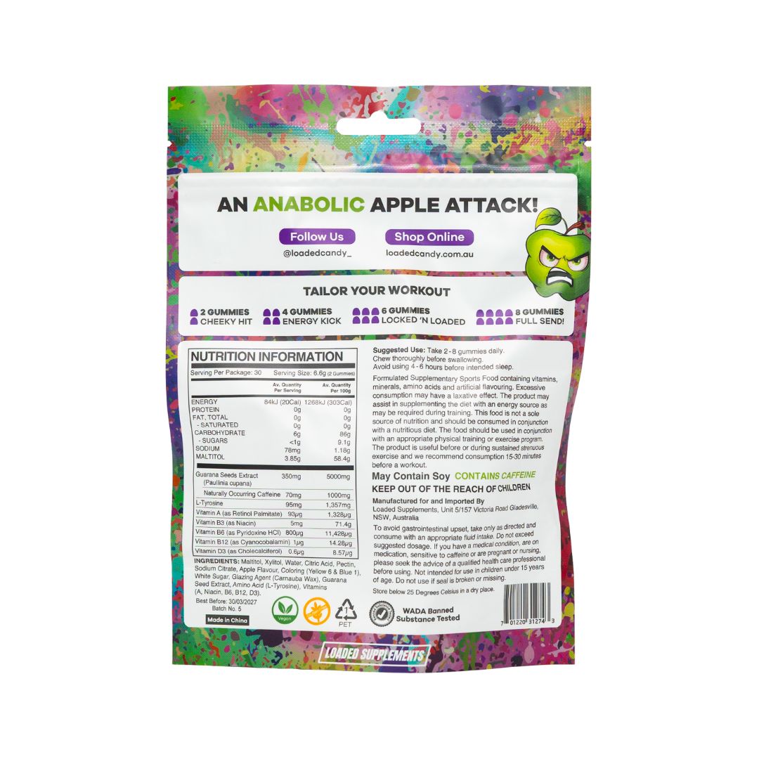 Loaded Candy pre-workout gummies with caffeine and L-tyrosine for energy and focus, chewable supplement for gym and training sessions