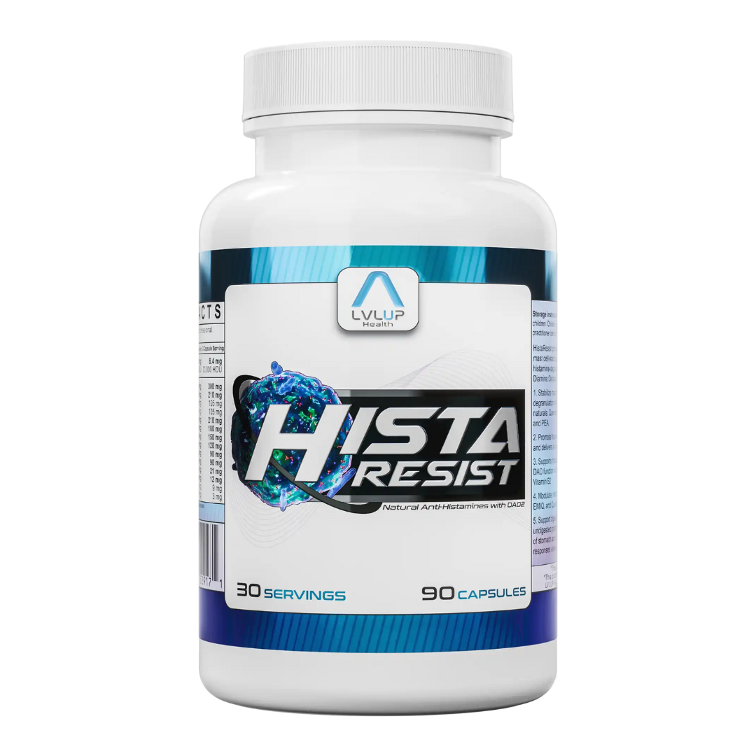 LVLUP Health Hista-Resist supplement bottle for healthy histamine metabolism with DAO2 enzyme and botanical polyphenols – available at Nutrition Capital.