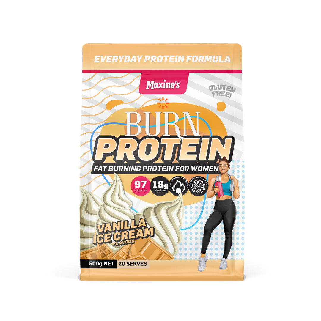 Maxine’s Burn Protein powder – gut health blend with probiotics, prebiotics & enzymes. Now available online with Australia-wide shipping.