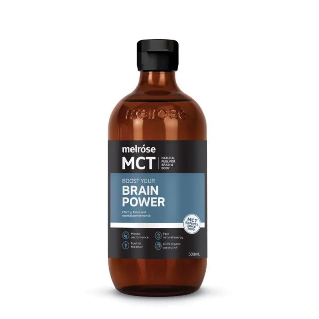 Melrose Brain Power MCT Oil bottle featuring organic C6, C8 and C10 medium-chain triglycerides for clean energy
