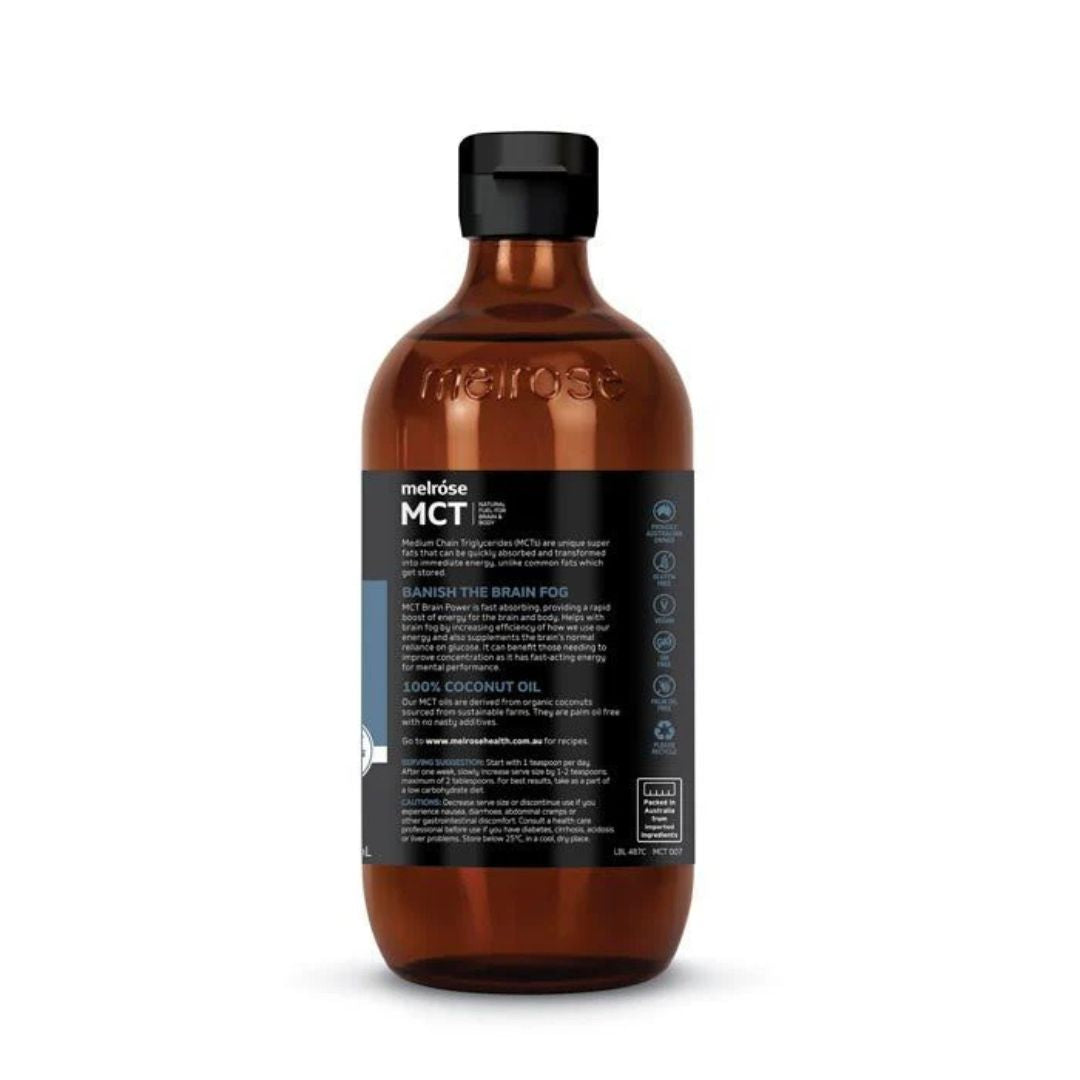 Melrose Brain Power MCT Oil bottle featuring organic C6, C8 and C10 medium-chain triglycerides for clean energy
