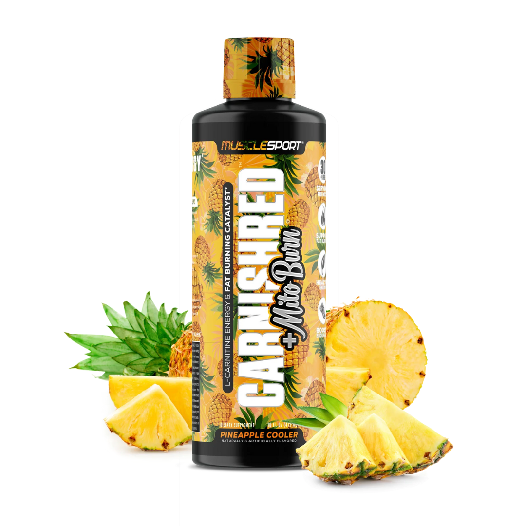 MuscleSport CarniShred + Mitoburn liquid fat burner bottle – stimulant-free formula with L-Carnitine and trademarked ingredients – Available in Australia with fast delivery.