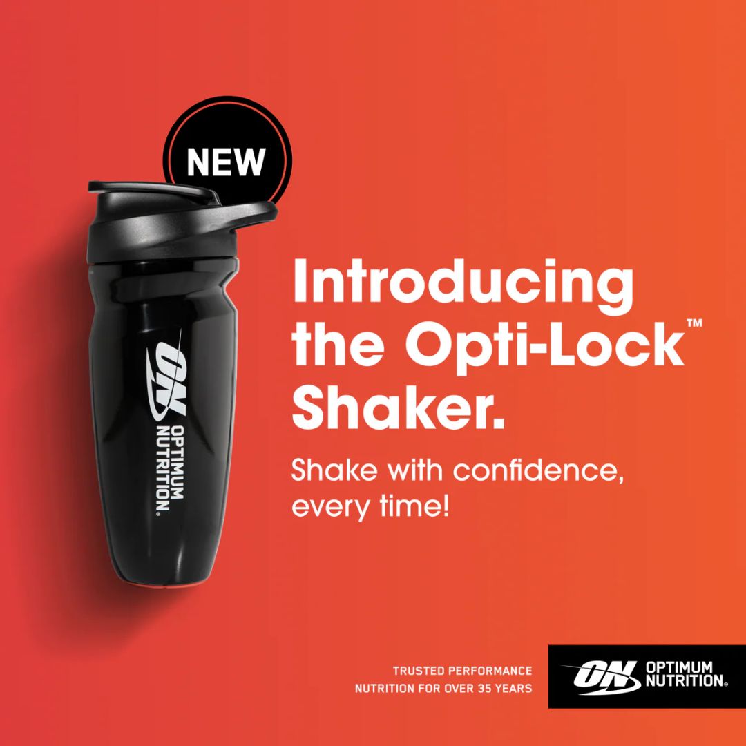 Opti-Lock™ Shaker by Optimum Nutrition – leak-proof protein shaker with snap-fit agitator, flip cap, and integrated carrying loop