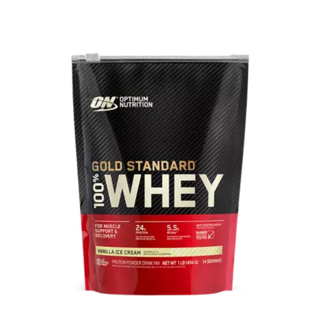 Optimum Nutrition Gold Standard 100% Whey Protein powder tub – premium whey isolate supplement for muscle recovery and growth, available from Nutrition Capital.
