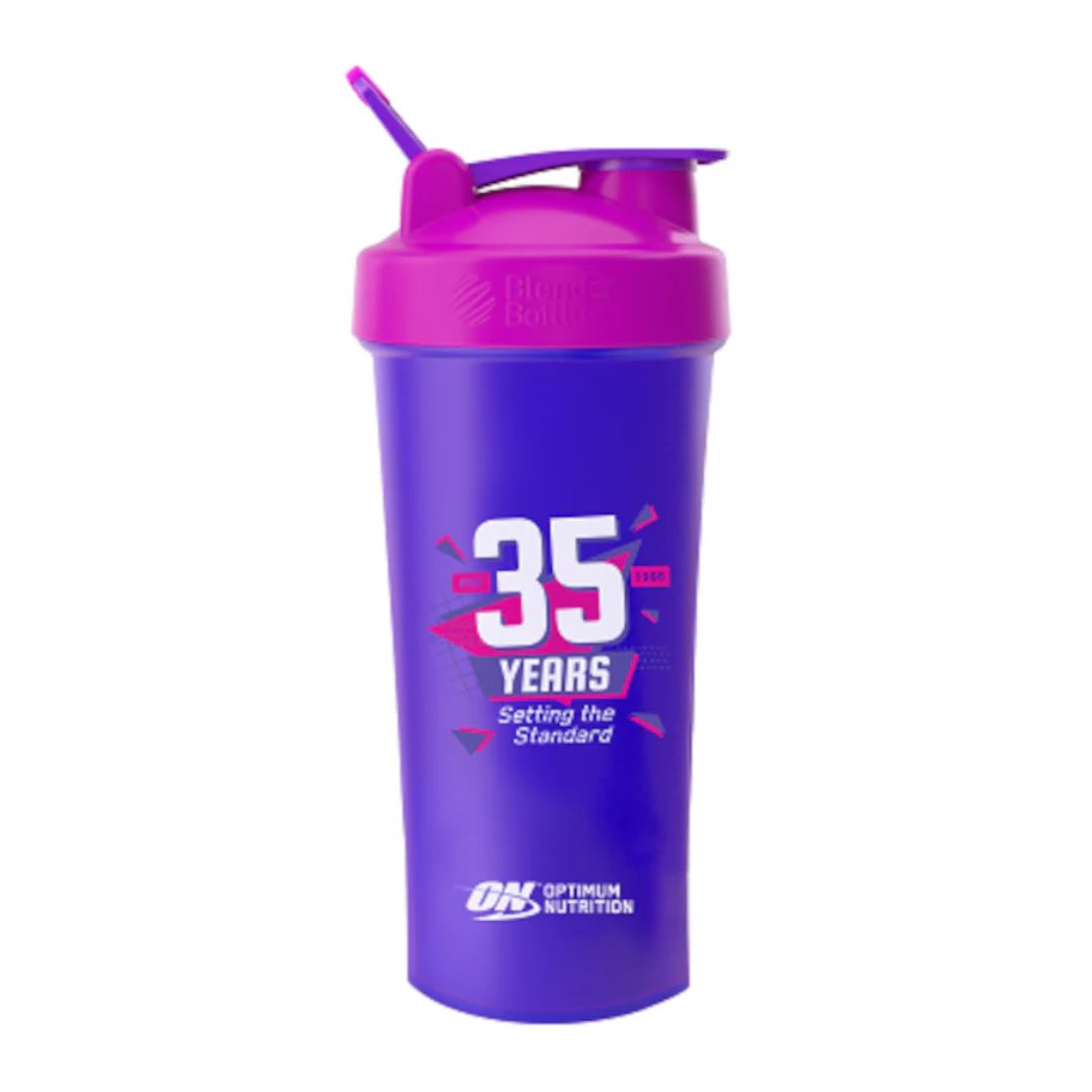 Optimum Nutrition 35th Anniversary purple shaker bottle – BPA-free 600ml blender shaker with wire whisk and leak-proof lid from Nutrition Capital