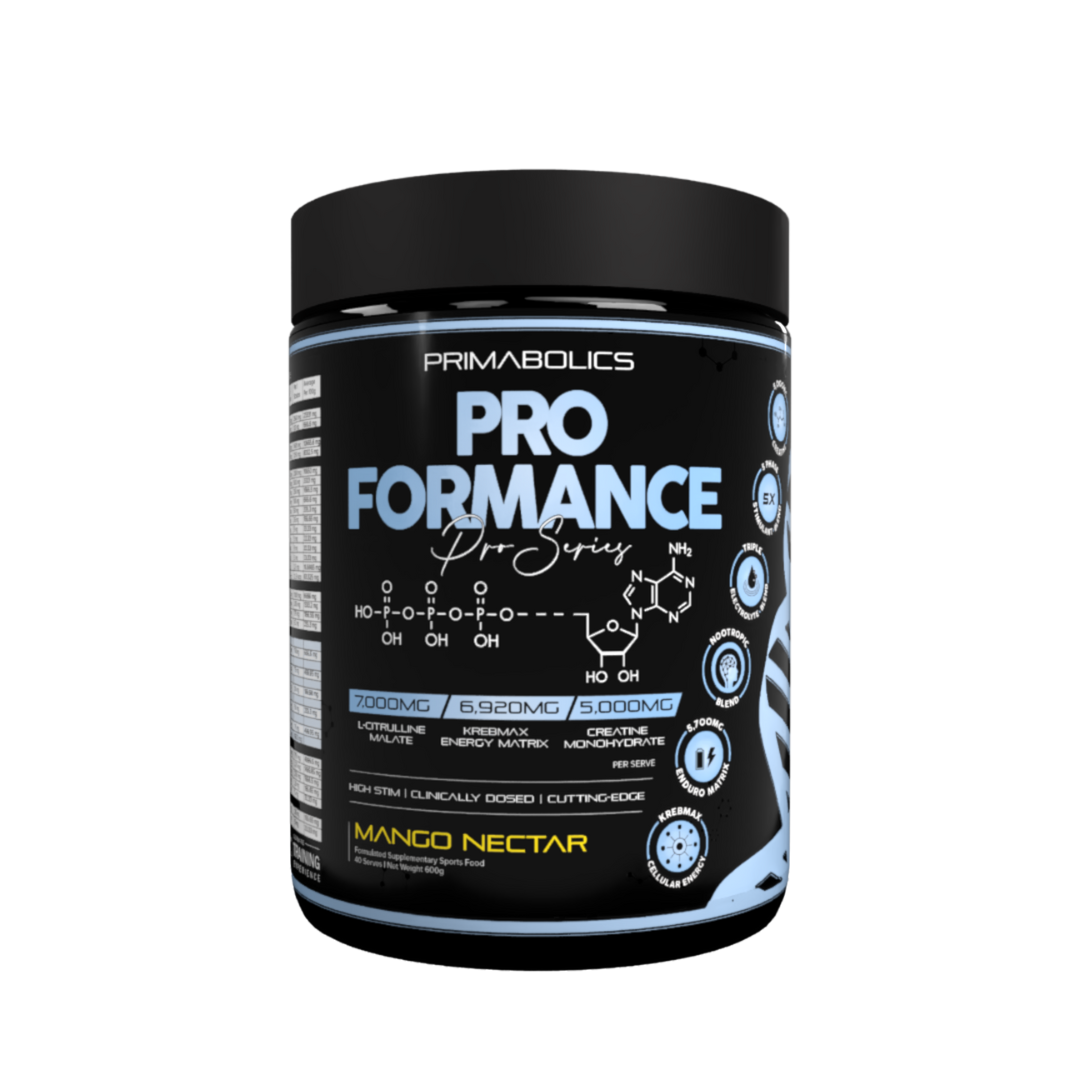 Primabolics Proformance Pre-Workout – Boost energy, focus, and endurance with nitric oxide, nootropics, and electrolytes. Available in 3 flavours.