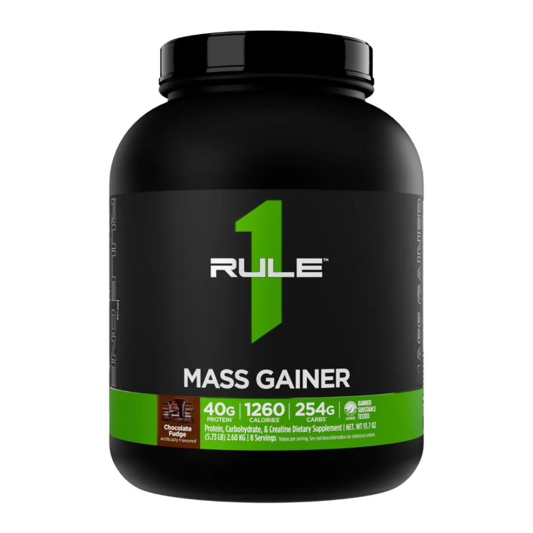 Rule 1 Mass Gainer protein powder tub – premium high-calorie mass gainer supplement for muscle growth, available at Nutrition Capital Australia.