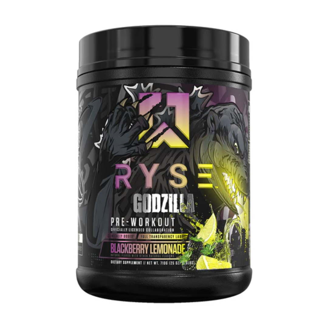 RYSE Godzilla Pre-Workout tub – 40g clinical formula with 5 trademarked ingredients for pump, focus & energy – Available in Australia with fast delivery.