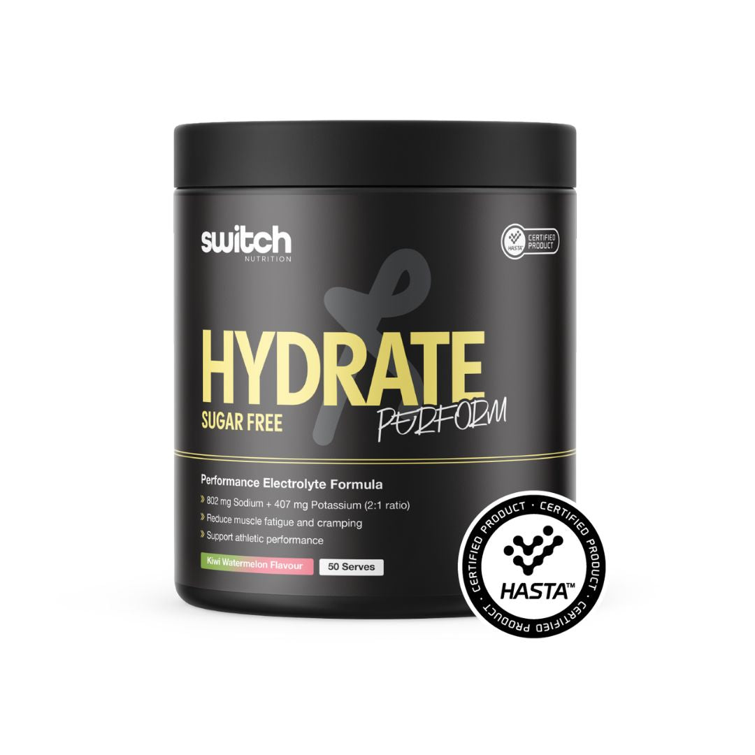 Switch Nutrition Hydrate Perform Sugar Free electrolyte powder tub showing hydration supplement with sodium, potassium, taurine and vitamins for performance hydration