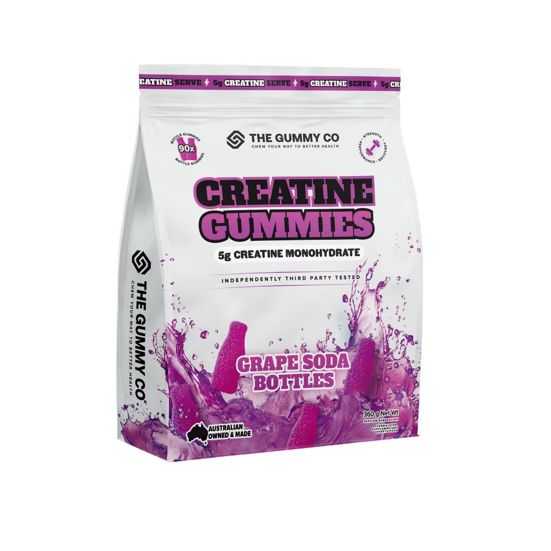 Tasty creatine monohydrate gummies shaped like soda bottles — The Gummy Co Creatine Gummies 5g serve, tested for purity