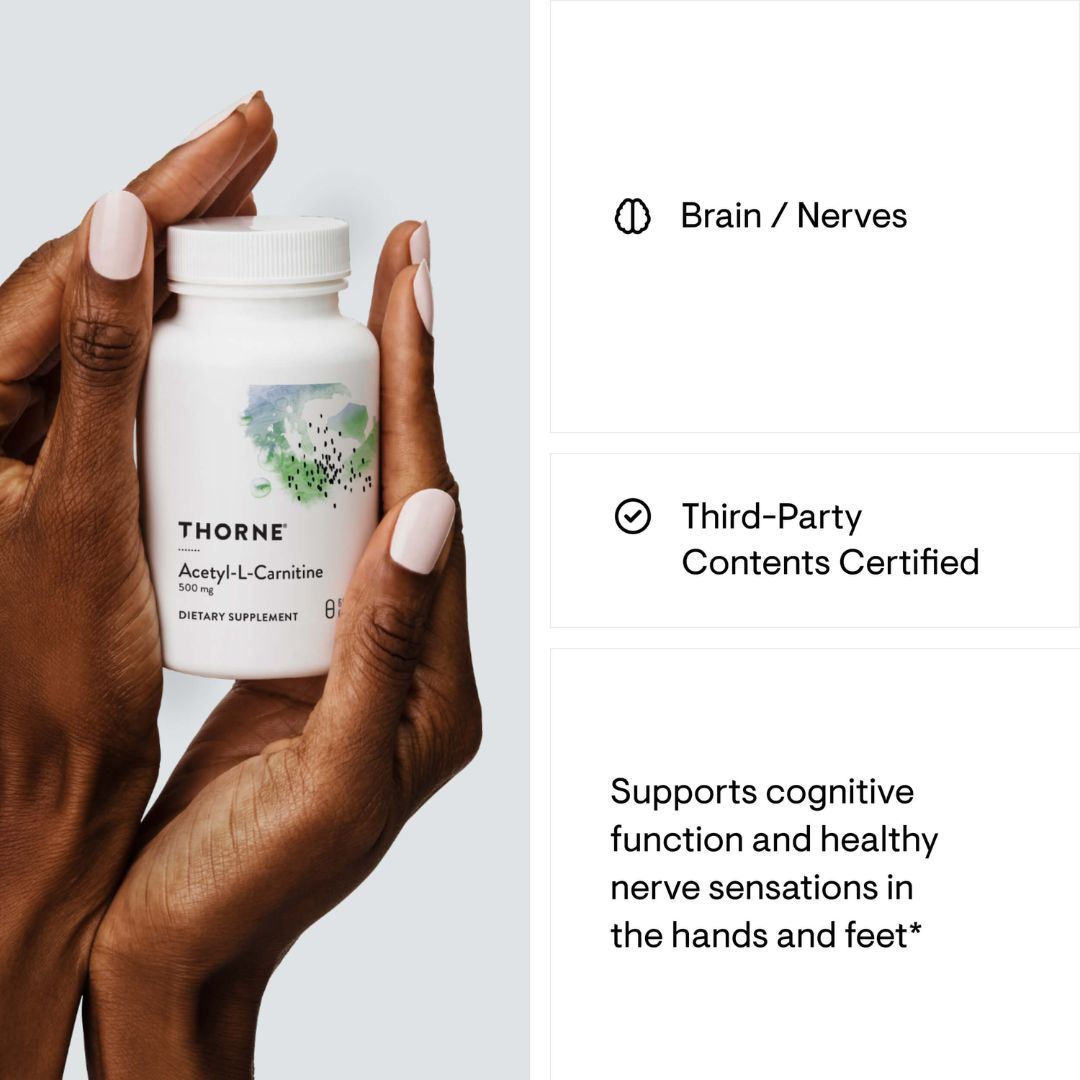 Hand holding a Thorne supplement bottle with product details on a light gray background