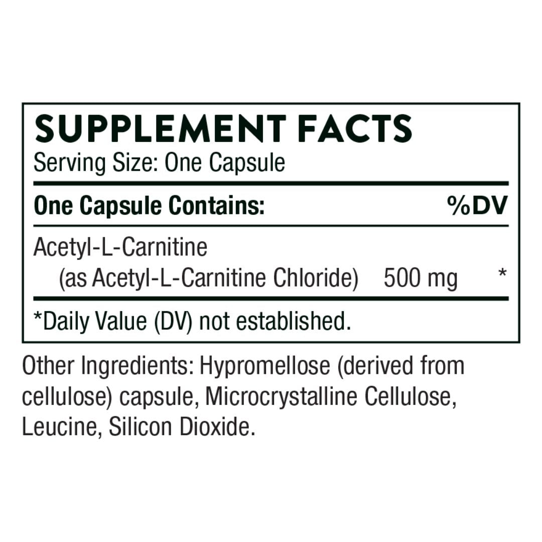 Supplement facts label for Acetyl-L-Carnitine capsules on a white background