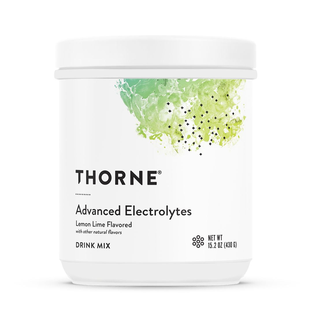 Thorne Advanced Electrolytes Lemon Lime powder container featuring an electrolyte blend with minerals, dextrose, B vitamins and NSF Certified for Sport® certification.