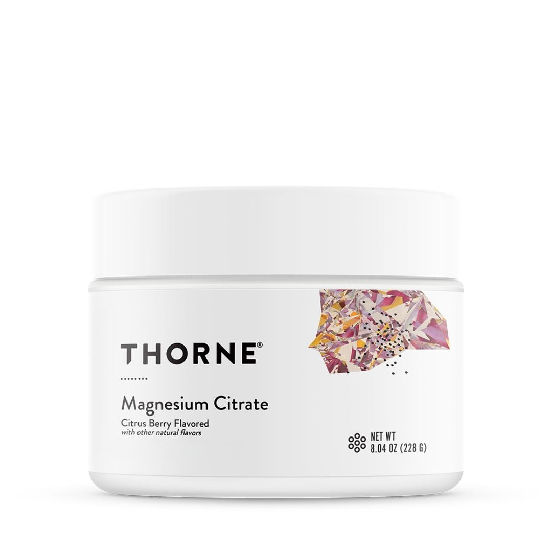 Thorne Magnesium Citrate Powder Citrus Berry container providing 250mg elemental magnesium per serving in a fast-dissolving powder format.