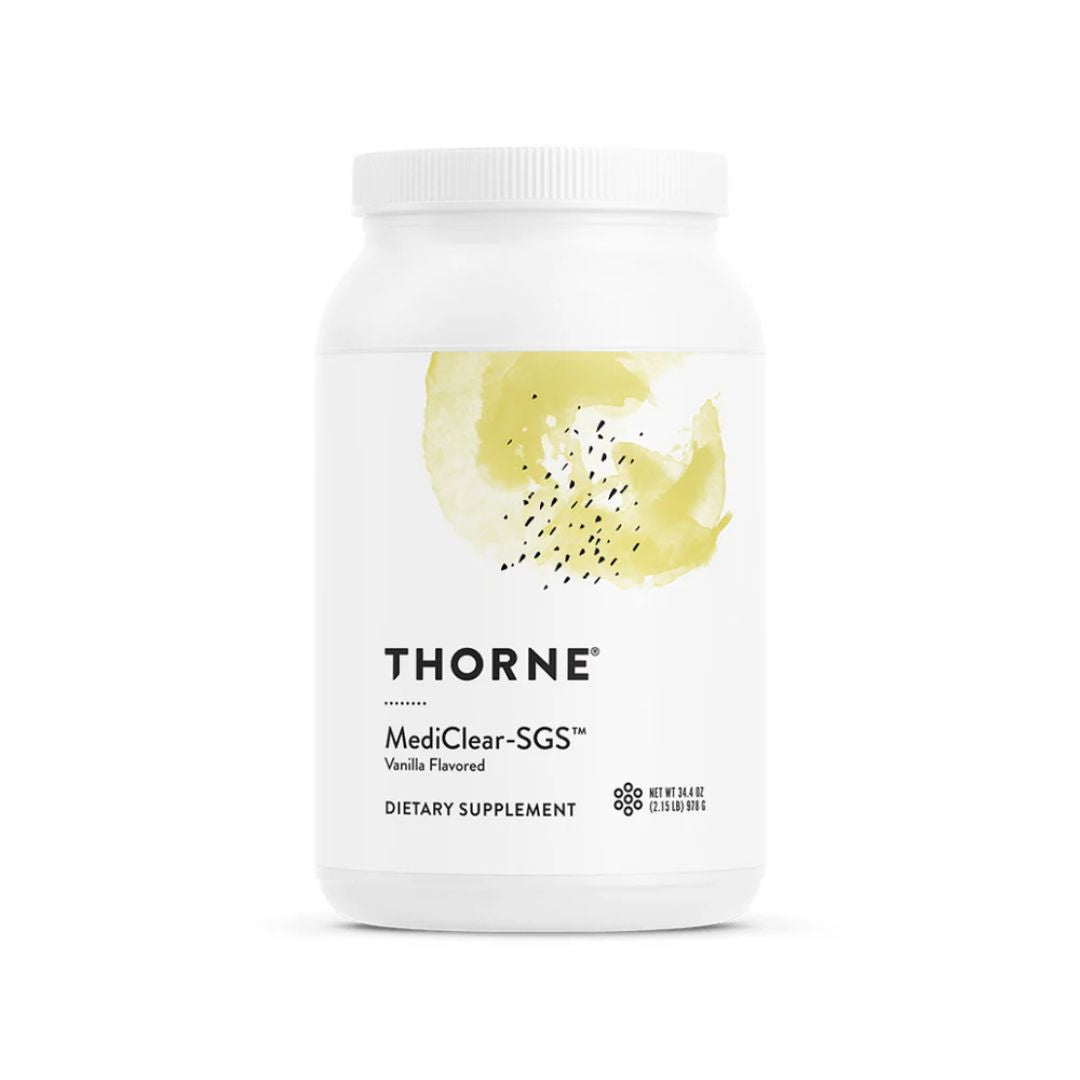 Thorne MediClear-SGS plant protein powder tub rice and pea protein supplement with broccoli seed extract label container studio product image