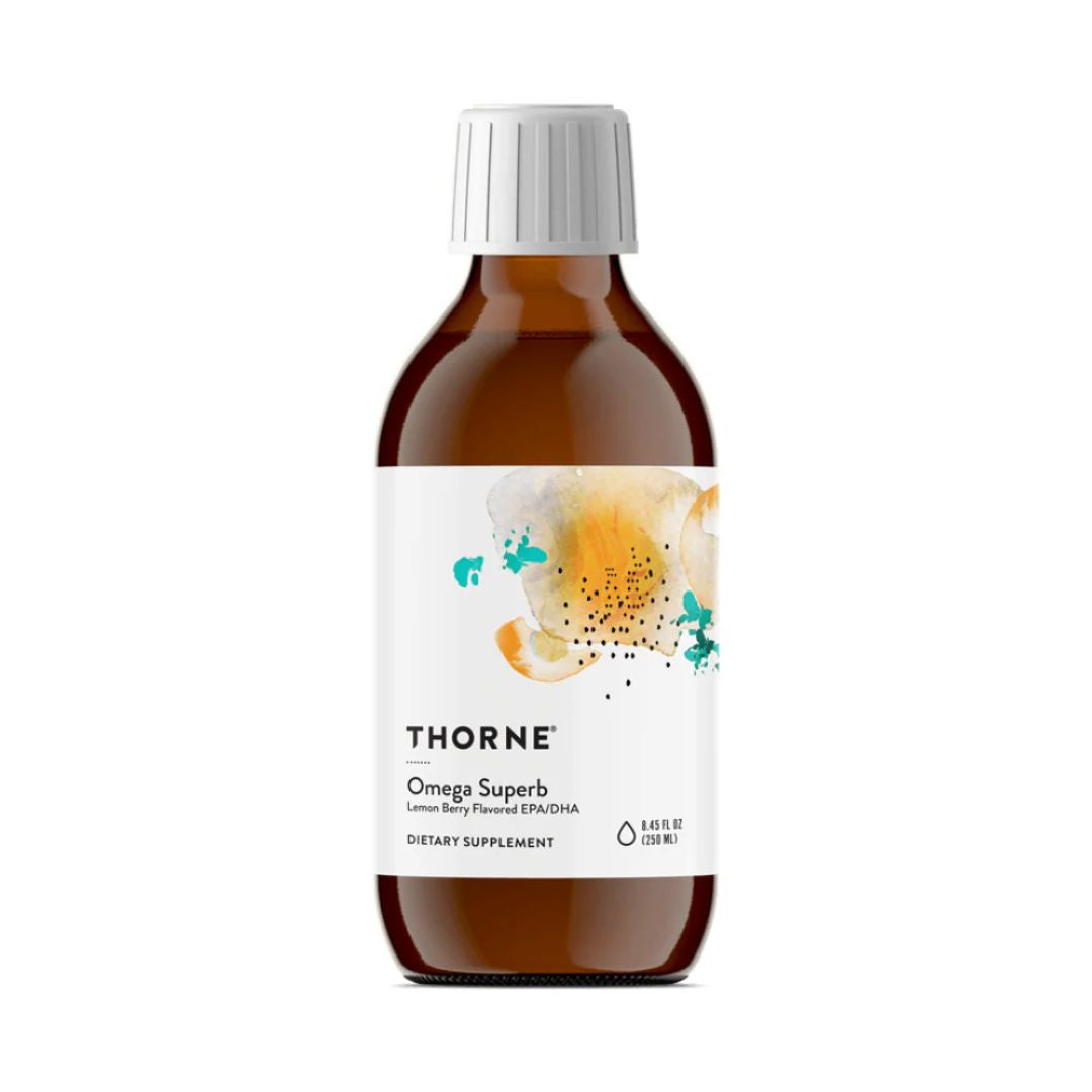 Thorne Omega Superb Liquid Fish Oil lemon berry flavour bottle omega 3 EPA DHA supplement liquid fish oil container studio product image