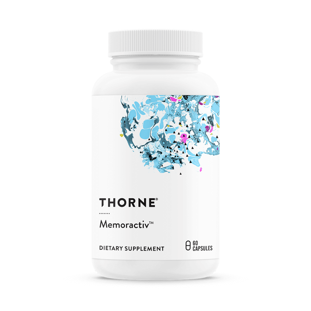 Thorne Memoractiv™ nootropic supplement bottle featuring KSM-66® Ashwagandha, Virtiva® Ginkgo Phytosome & Lutemax® 2020 for brain and eye health – Available in Australia with fast delivery.