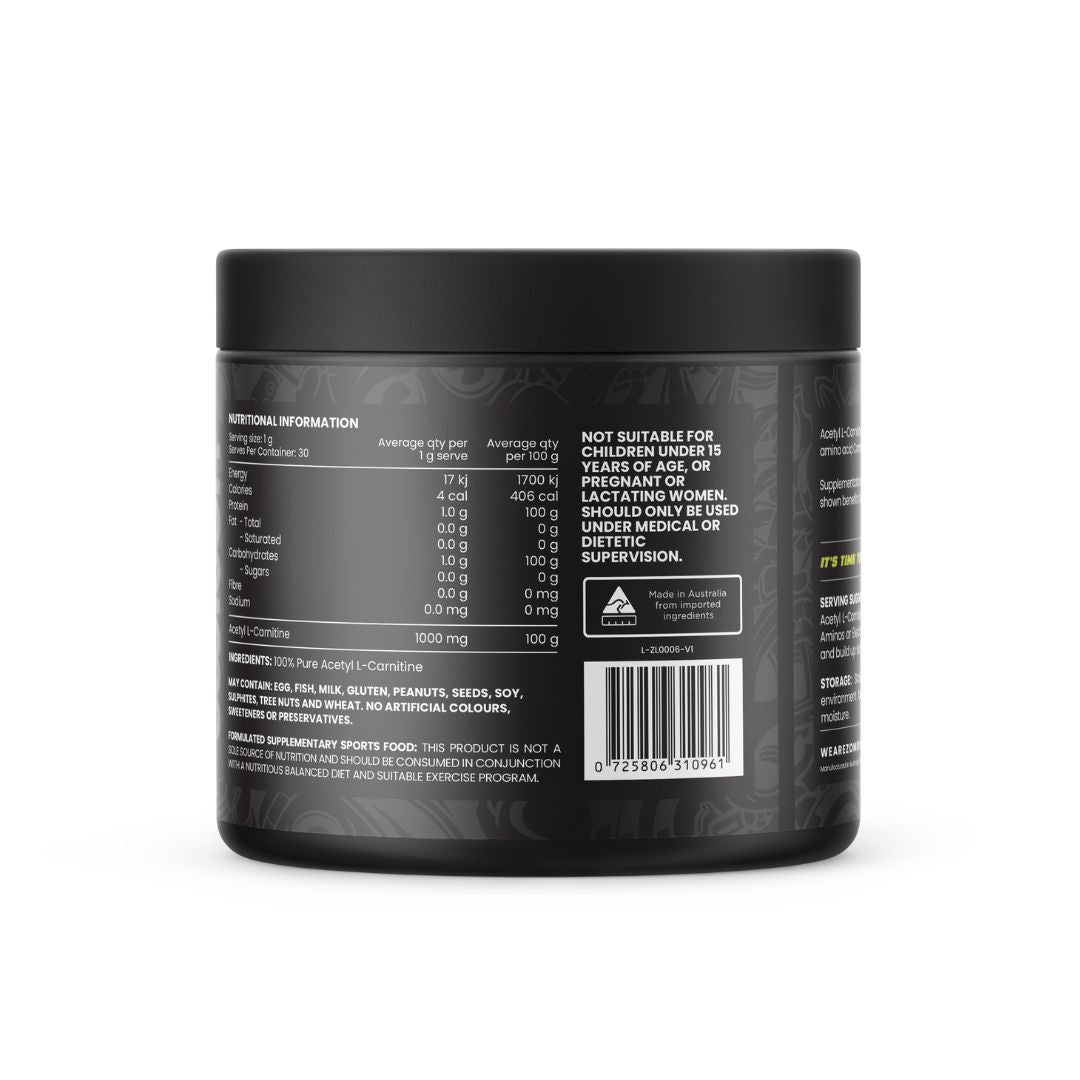 Zombie Labs Enhanced Carnitine powder tub – Australian-made L-Carnitine supplement for fat metabolism, clean energy, and focus, available at Nutrition Capital.