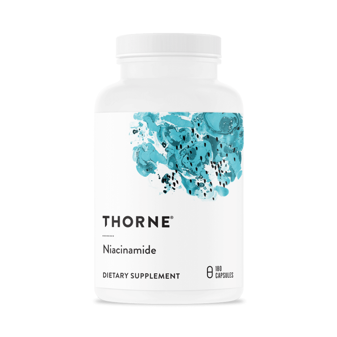 Thorne Niacinamide supplement bottle – Non-flushing Vitamin B3 for skin health, joint support & cellular energy – Available in Australia with fast delivery.