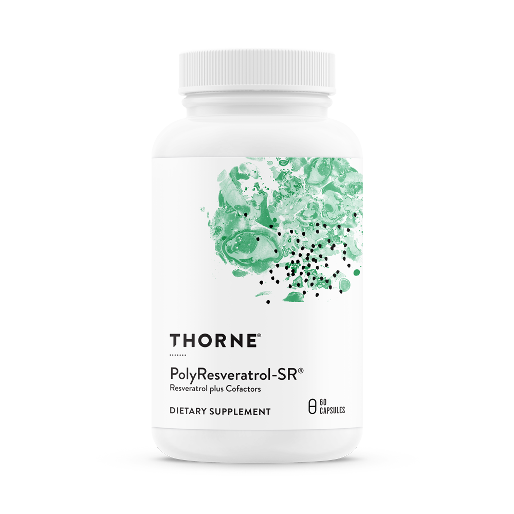 Thorne PolyResveratrol-SR® supplement bottle featuring trans-resveratrol and Time-Sorb® technology, available in Australia with fast delivery.
