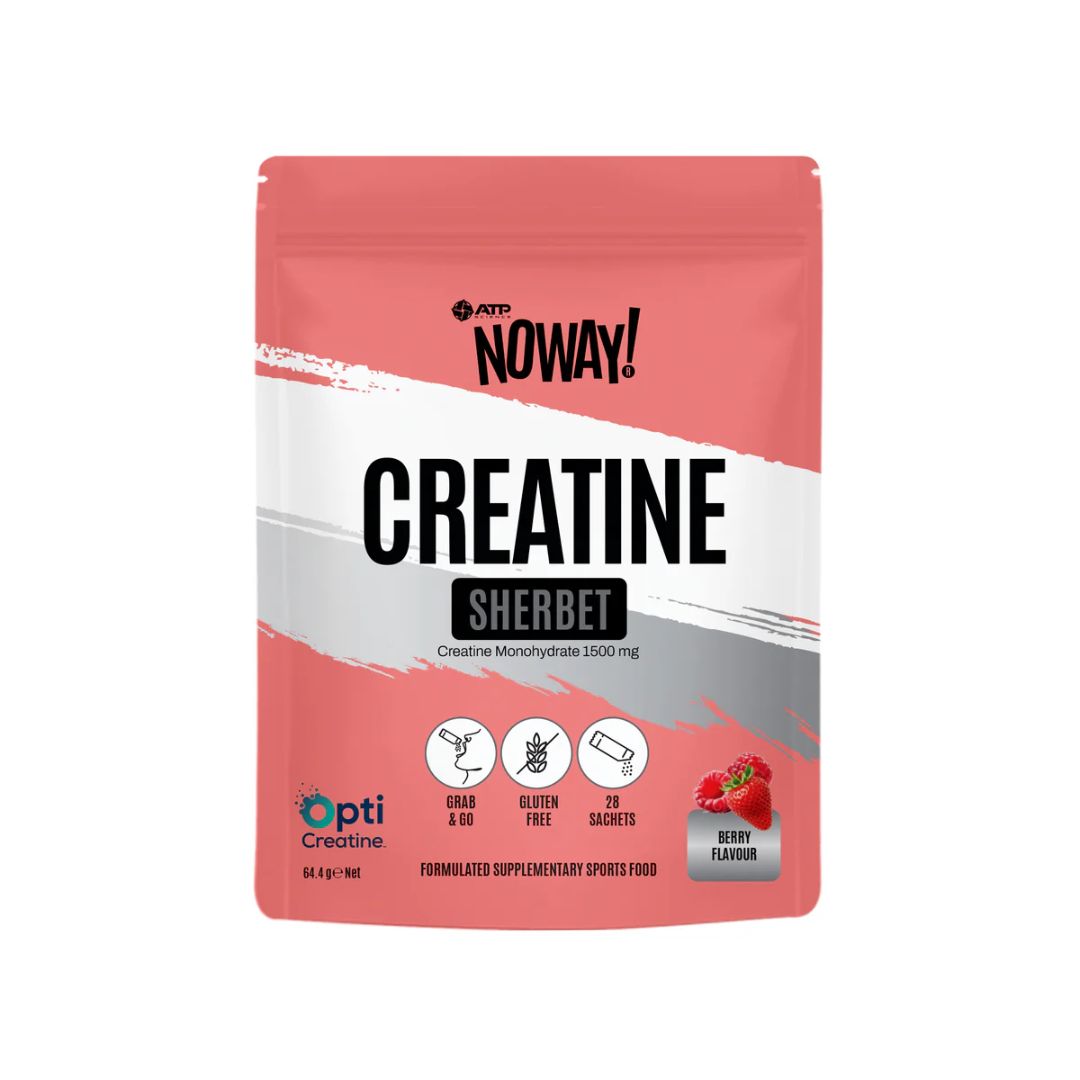 NOWAY Creatine Sherbet sachets with OptiCreatine creatine monohydrate berry flavour dissolving creatine supplement for convenient daily use.