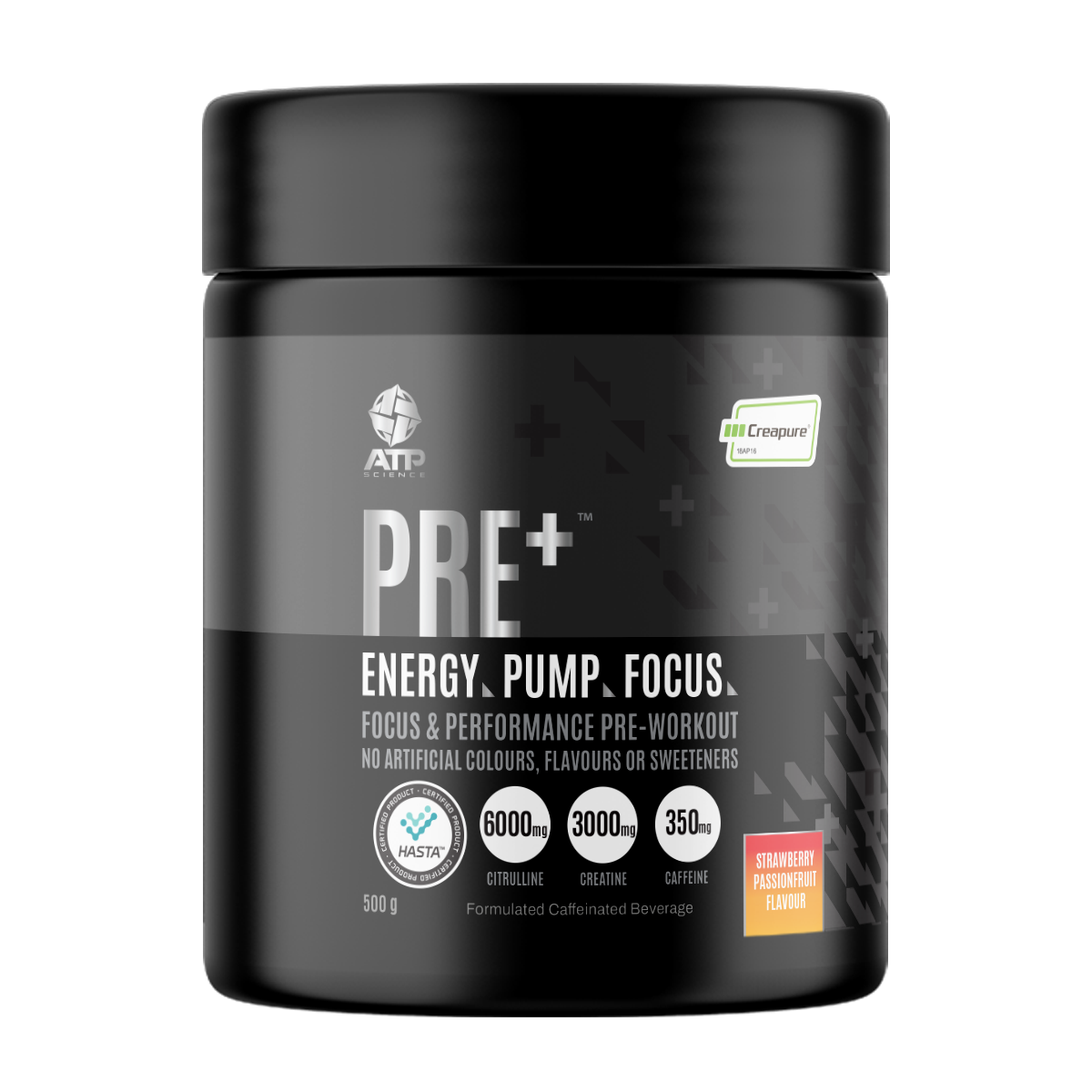 ATP Science PRE+ pre-workout tub with Creapure® and Citrulline Malate for clean energy, strength, and endurance – Available in Australia with fast delivery.