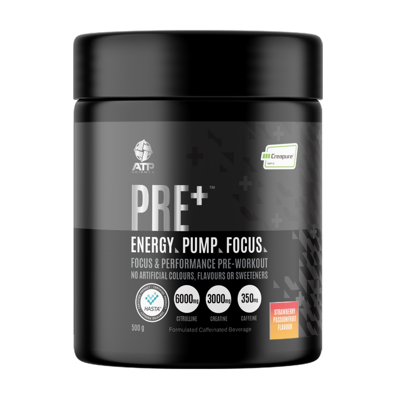 ATP Science PRE+ pre-workout tub with Creapure® and Citrulline Malate for clean energy, strength, and endurance – Available in Australia with fast delivery.