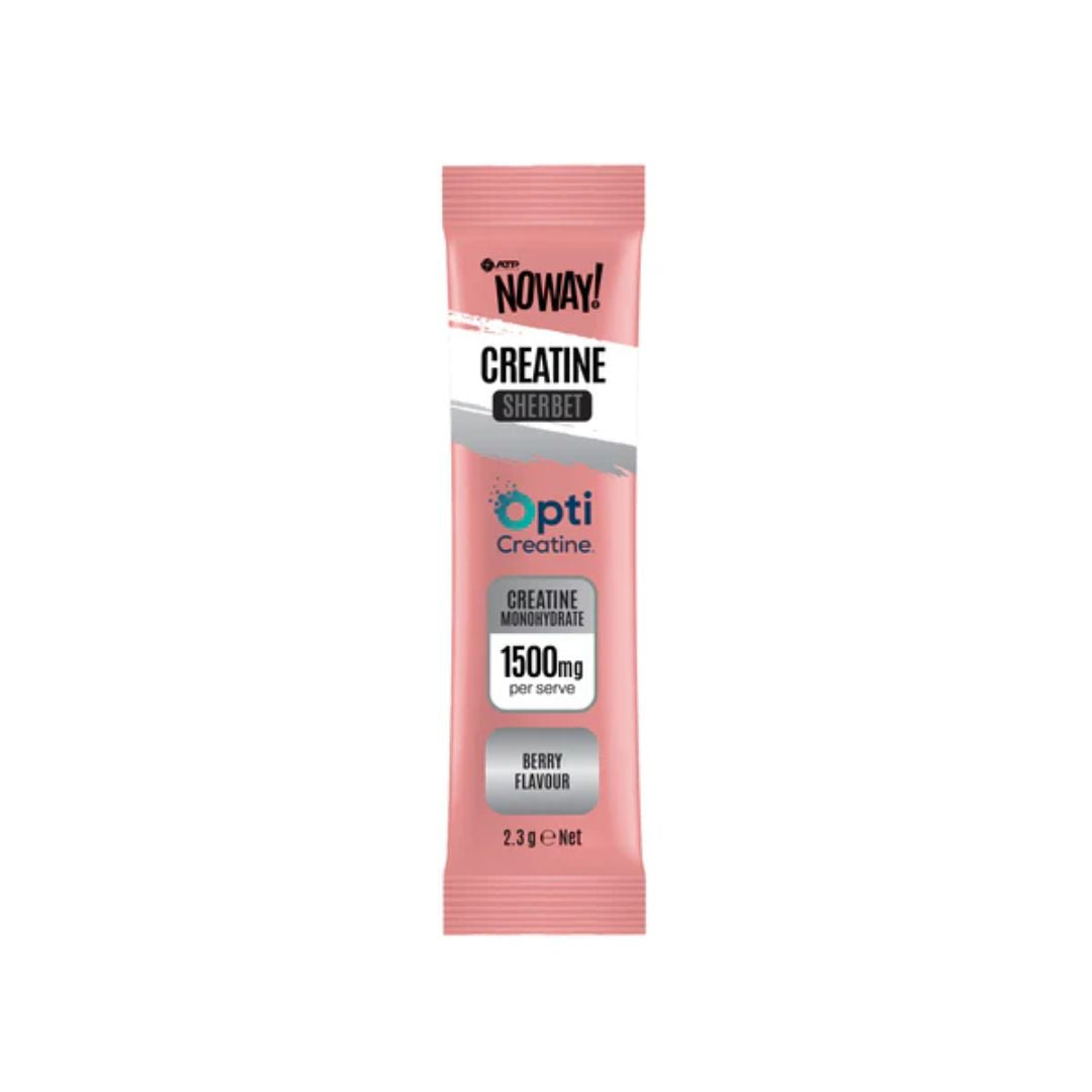 NOWAY Creatine Sherbet sachets with OptiCreatine creatine monohydrate berry flavour dissolving creatine supplement for convenient daily use.