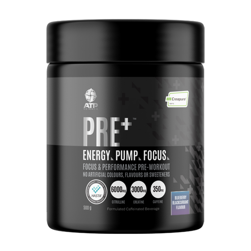 ATP Science PRE+ pre-workout tub with Creapure® and Citrulline Malate for clean energy, strength, and endurance – Available in Australia with fast delivery.