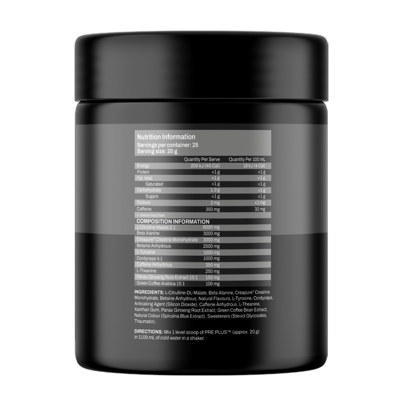 ATP Science PRE+ pre-workout tub with Creapure® and Citrulline Malate for clean energy, strength, and endurance – Available in Australia with fast delivery.