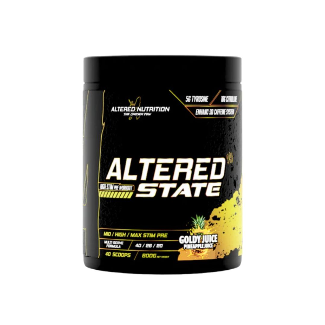 ALTERED STATE V3 pre-workout powder tub with customisable stimulant levels, citrulline, beta-alanine and Alpha-GPC formula