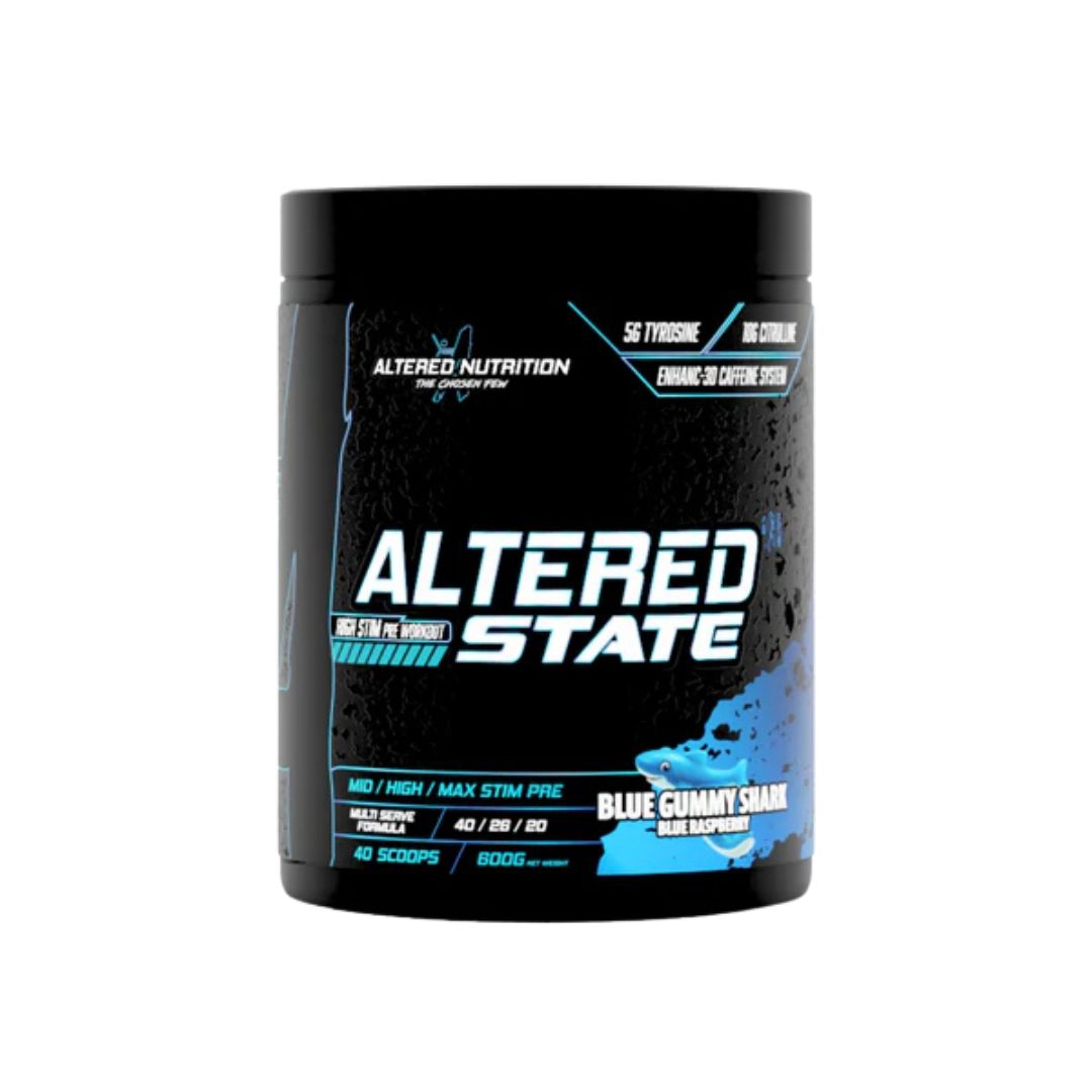 ALTERED STATE V3 pre-workout powder tub with customisable stimulant levels, citrulline, beta-alanine and Alpha-GPC formula