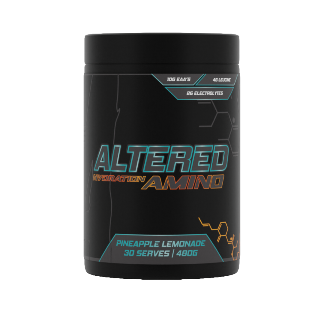 Altered Nutrition Hydration Amino supplement tub – 10g EAAs, 4g Leucine, and 2g electrolytes per serve – Available in Australia with fast delivery.
