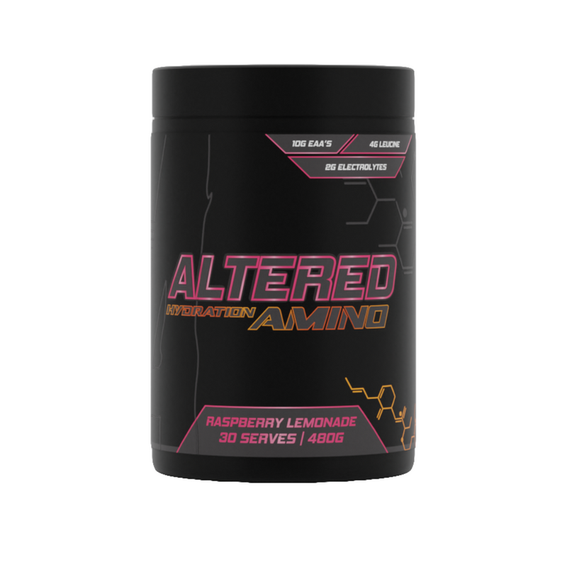 Altered Nutrition Hydration Amino supplement tub – 10g EAAs, 4g Leucine, and 2g electrolytes per serve – Available in Australia with fast delivery.
