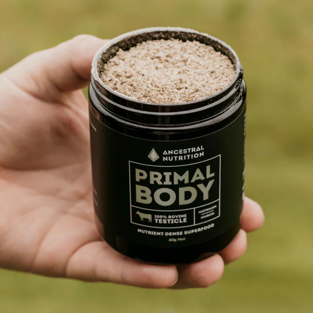 Freeze-dried bovine testicle capsules and powder supplement by Primal Body grass-fed organ meat powder and capsule product Nutrition Capital Australia listing image