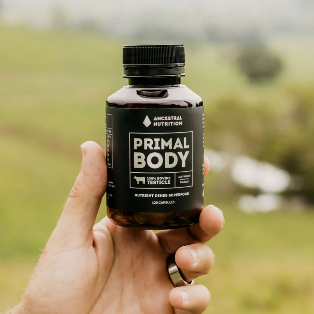 Freeze-dried bovine testicle capsules and powder supplement by Primal Body grass-fed organ meat powder and capsule product Nutrition Capital Australia listing image