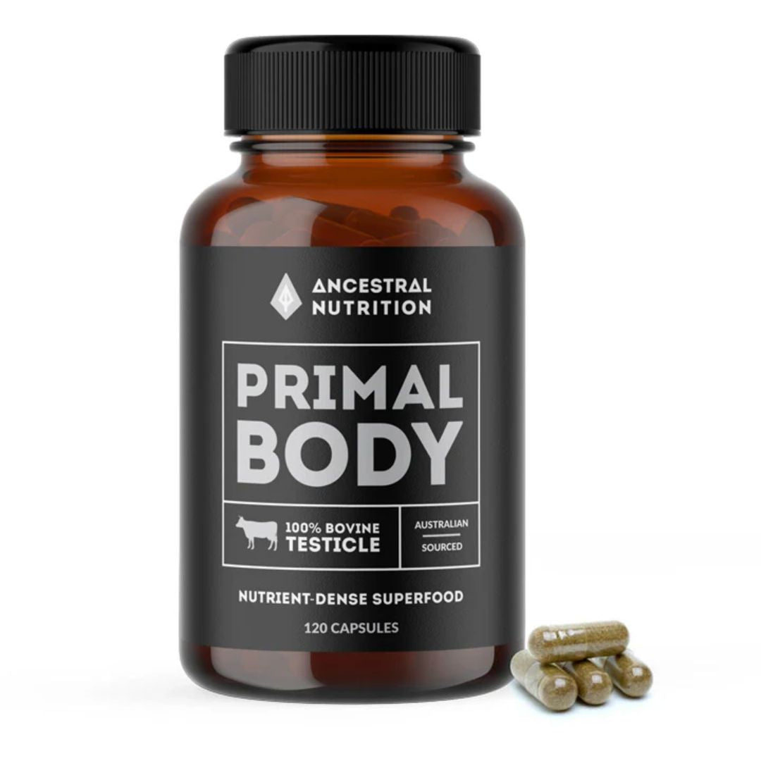 Freeze-dried bovine testicle capsules and powder supplement by Primal Body grass-fed organ meat powder and capsule product Nutrition Capital Australia listing image