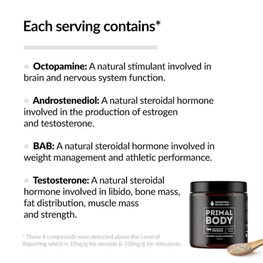 Freeze-dried bovine testicle capsules and powder supplement by Primal Body grass-fed organ meat powder and capsule product Nutrition Capital Australia listing image