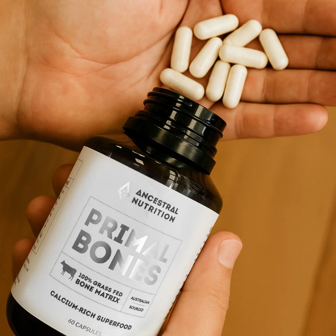 Primal Bones grass-fed bone matrix capsules MCHA calcium supplement from Tasmanian cattle whole food mineral complex Nutrition Capital Australia product image